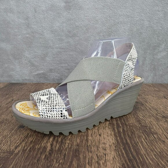Fly London Yaji Wedges Sandals 38 7 Grey Cream Snakeskin Cross Strappy Leather - Picture 14 of 14